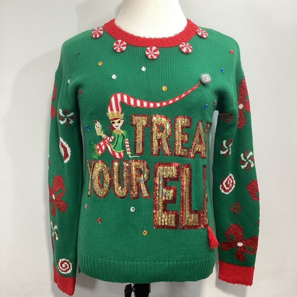 Christmas Holiday Time Green Sweater Crewneck Pullover Gold Accents ELF Size M